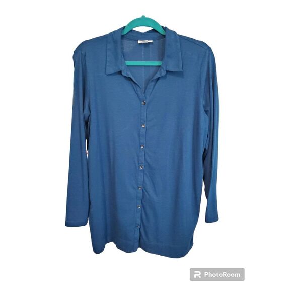 J. Jill Tunic Top Cotton Stretch Button Front Long Sleeves Blue Petite L NWOT - Picture 1 of 3